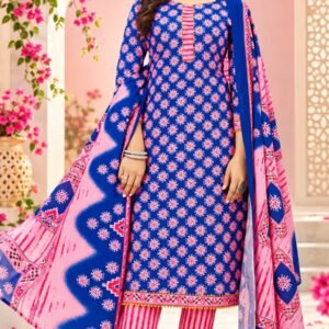Blue and pink printed cotton dress material