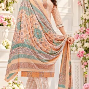 Peach printed cotton dress material with matching dupatta