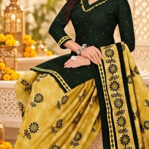 Dark green and yellow cotton dress material with floral print