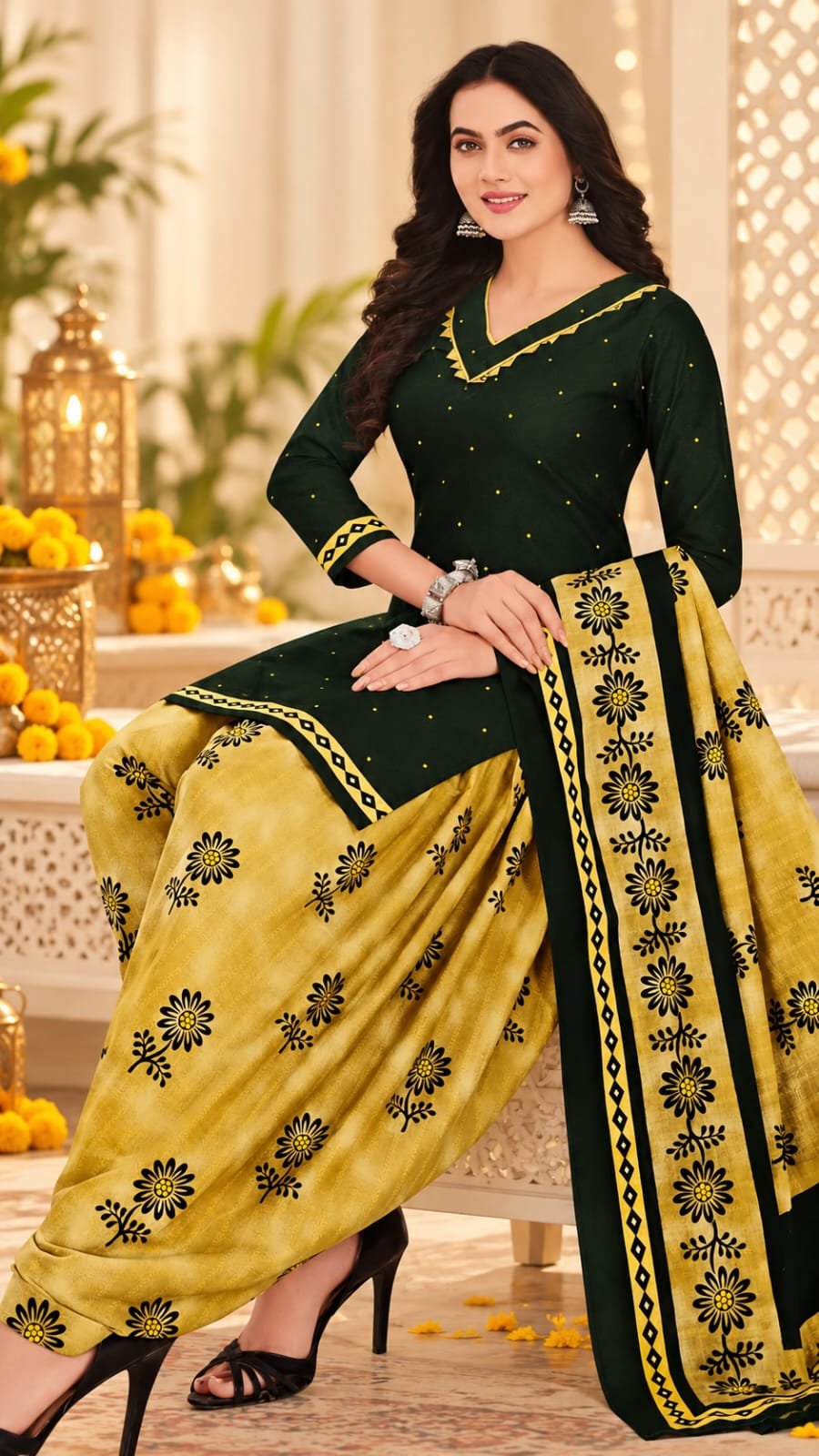 whatsapp image 2026 10 08 at 11.04.17 am Dark green and yellow cotton dress material with floral print