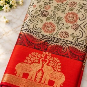 Traditional floral designer saree with red pallu and golden elephant design