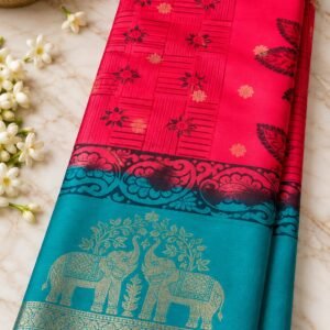 Pink and blue designer saree with traditional golden woven border and elegant ethnic patterns