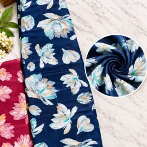 Navy blue floral cotton saree with white and aqua flower print
