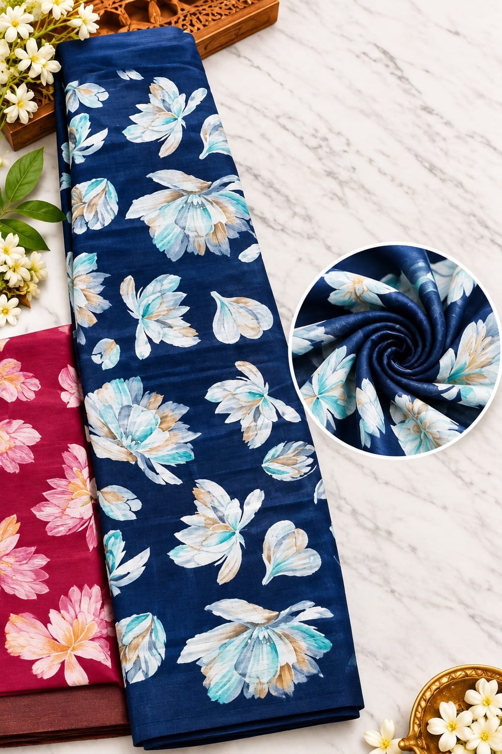 whatsapp image 2026 10 16 at 12.21.52 pm Navy blue floral cotton saree with white and aqua flower print